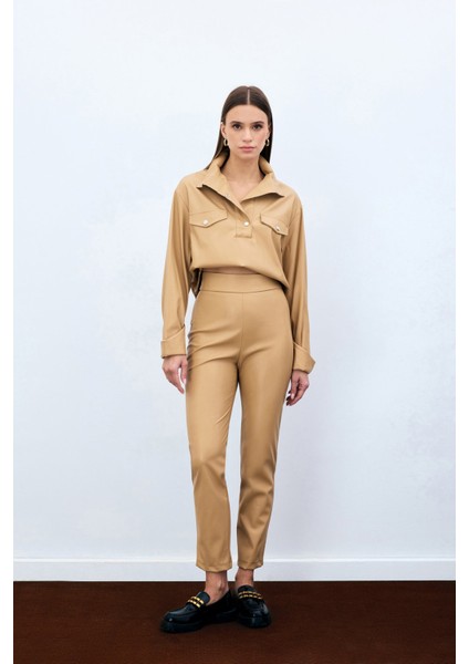 Yüksek Bel Deri Pantolon - Bej