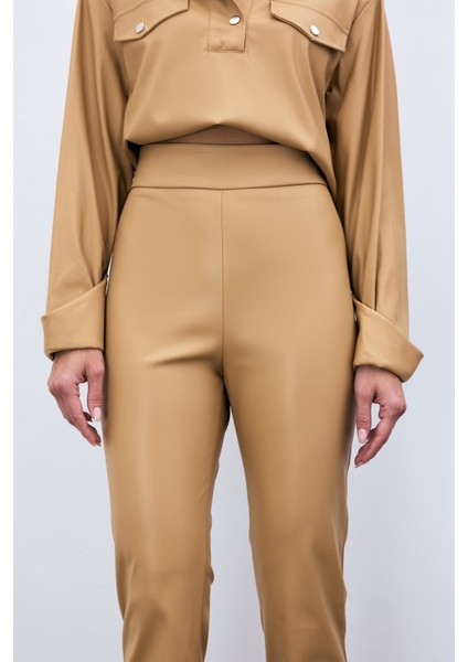 Yüksek Bel Deri Pantolon - Bej fiyatları