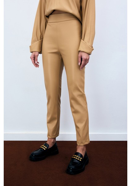 Yüksek Bel Deri Pantolon - Bej modelleri