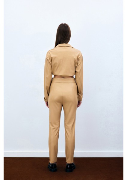 Yüksek Bel Deri Pantolon - Bej fırsatları