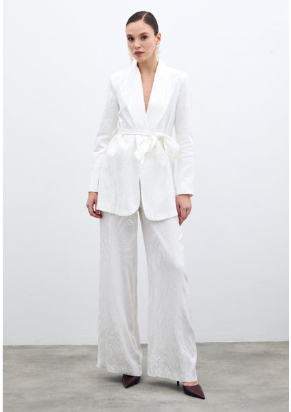 Yüksek Bel Desenli Pantolon - Ekru