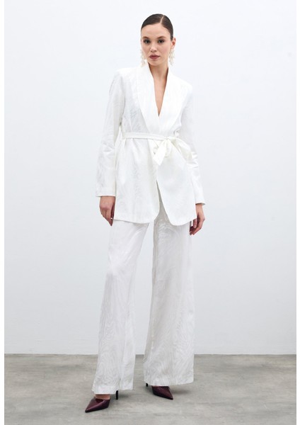 Yüksek Bel Desenli Pantolon - Ekru fiyatları