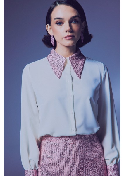 Payet Detaylı Gömlek - Ekru-Pudra modelleri