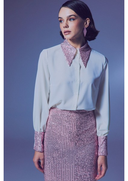 Payet Detaylı Gömlek - Ekru-Pudra fırsatları