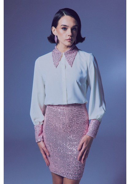 Payet Detaylı Gömlek - Ekru-Pudra indirimleri