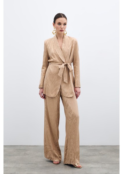 Yüksek Bel Desenli Pantolon - Vizon