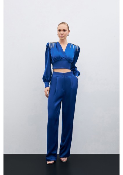 Pileli Saten Krep Pantolon - Indigo