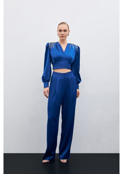 Pileli Saten Krep Pantolon - Indigo