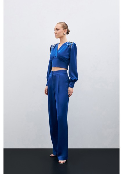 Pileli Saten Krep Pantolon - Indigo