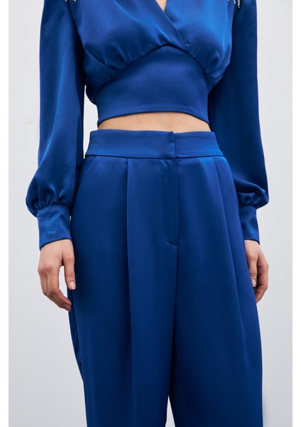 Pileli Saten Krep Pantolon - Indigo
