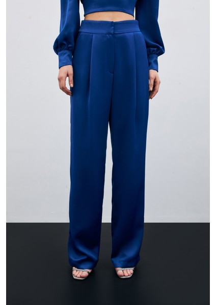 Pileli Saten Krep Pantolon - Indigo