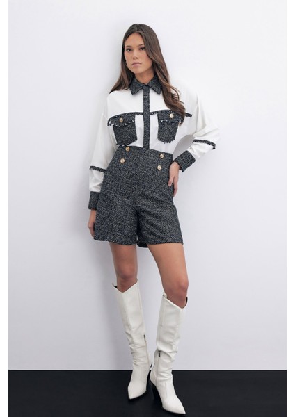 Düğme Detay Tüvit Şort - Sax Mavi