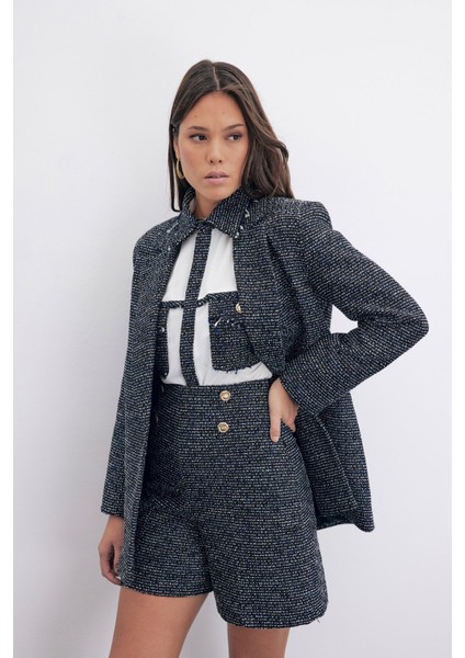 Düğme Detay Tüvit Şort - Sax Mavi fiyatları