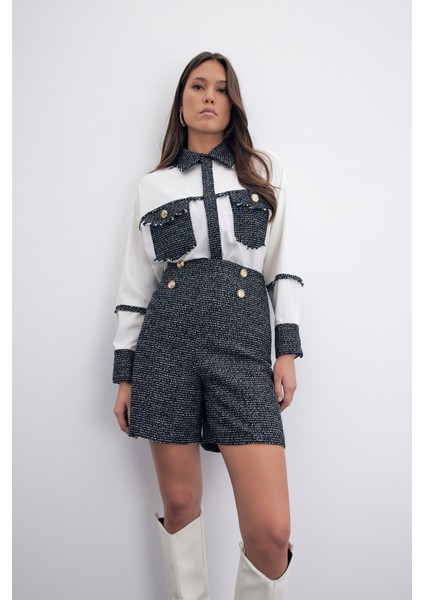 Düğme Detay Tüvit Şort - Sax Mavi fırsatları