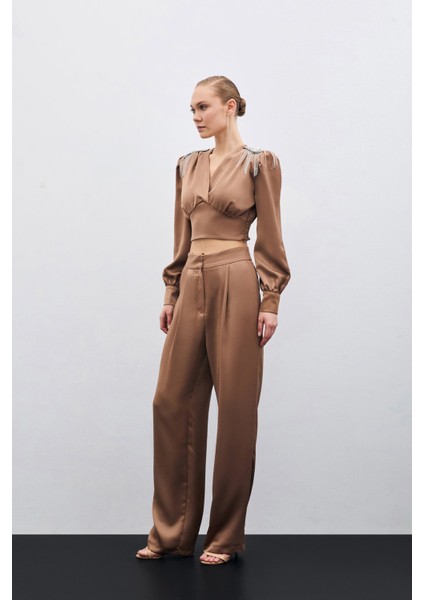 Pileli Saten Krep Pantolon - Camel
