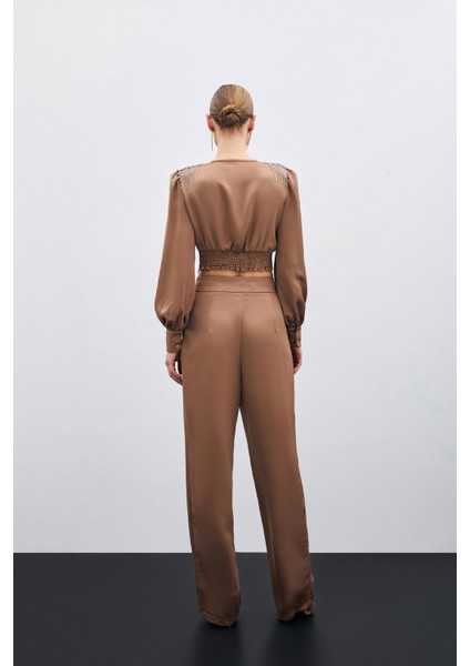 Pileli Saten Krep Pantolon - Camel indirimleri