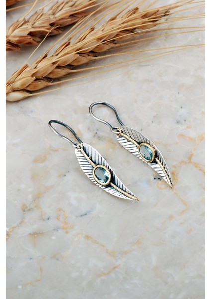 Akuamarin Taşlı Defne Yaprağı Elişi Gümüş Küpe 7233