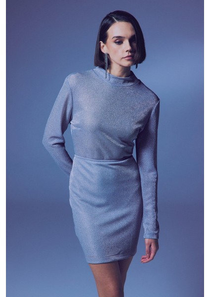 Dik Yaka Simli Bodysuit - Gümüş