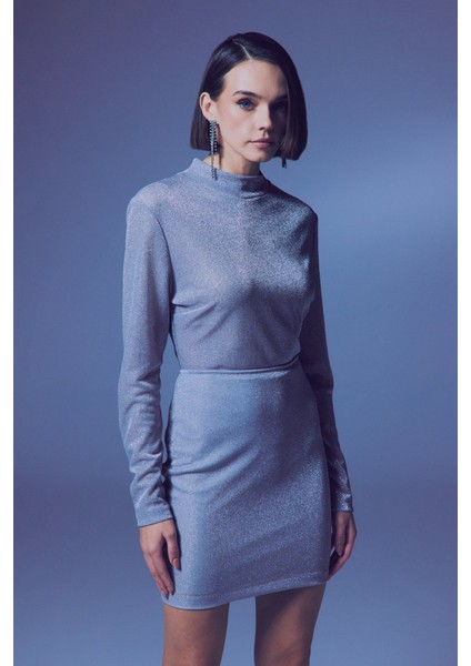 Dik Yaka Simli Bodysuit - Gümüş modelleri