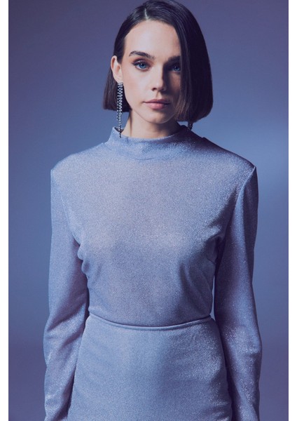 Dik Yaka Simli Bodysuit - Gümüş fırsatları