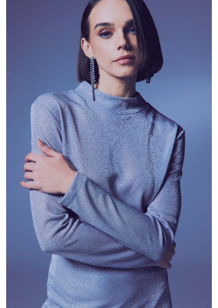 Dik Yaka Simli Bodysuit - Gümüş indirimleri