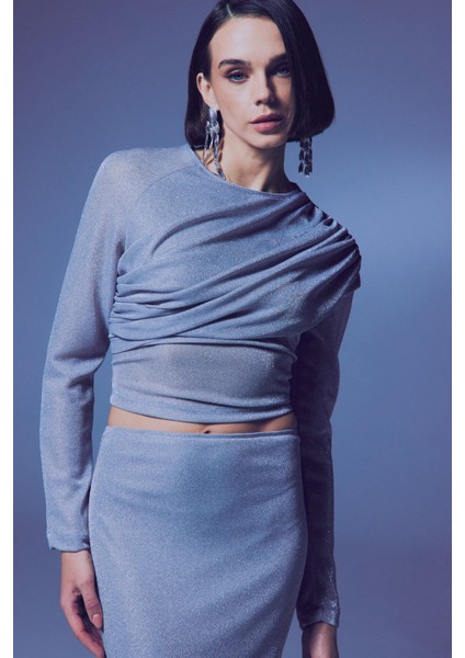 Büzgü Detaylı Simli Bluz - Gümüş fırsatları