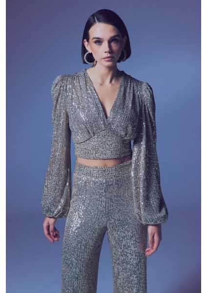 Kruvaze Payetli Crop Bluz - Bej