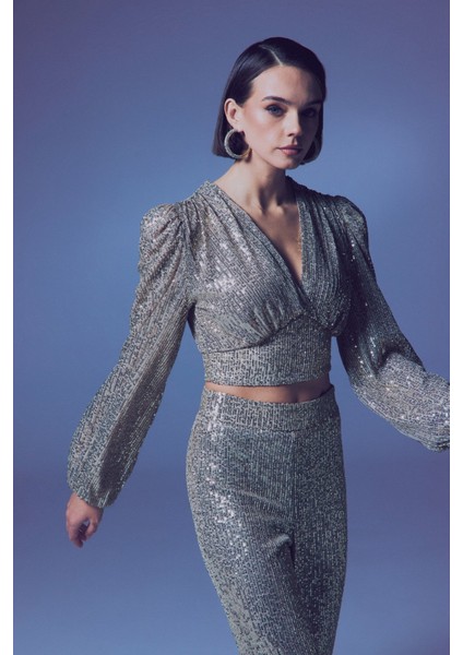 Kruvaze Payetli Crop Bluz - Bej