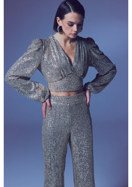 Kruvaze Payetli Crop Bluz - Bej