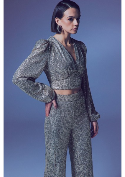 Kruvaze Payetli Crop Bluz - Bej