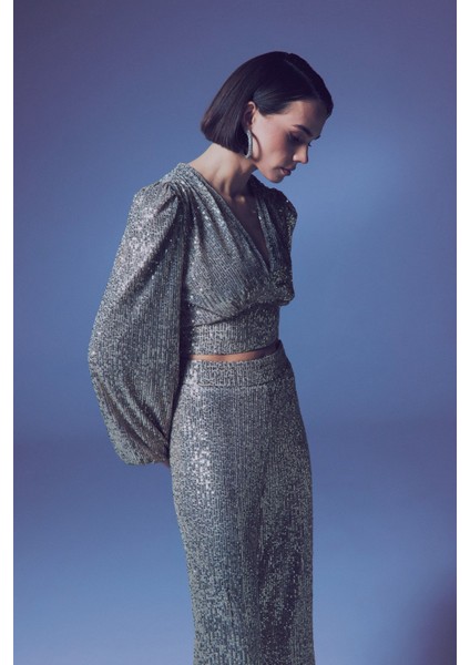 Kruvaze Payetli Crop Bluz - Bej