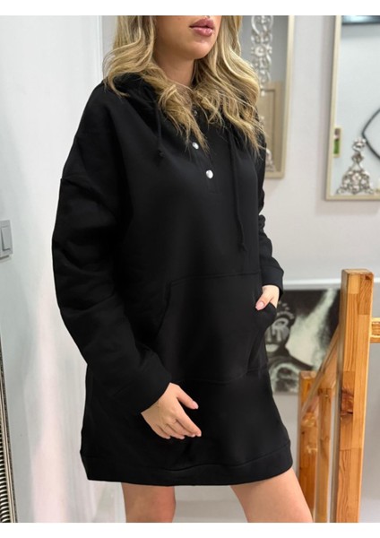 Kadın Uzun Kollu Kapşonlu Bağcıklı Önden Düğmeli ve Cepli Iki Iplik Şardonlu Elbise modelleri