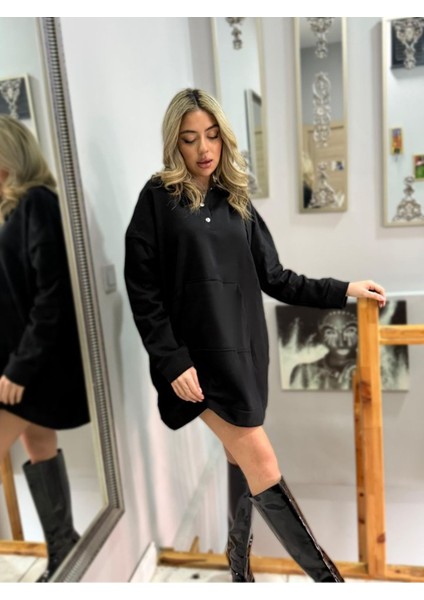 Kadın Uzun Kollu Kapşonlu Bağcıklı Önden Düğmeli ve Cepli Iki Iplik Şardonlu Elbise fırsatları