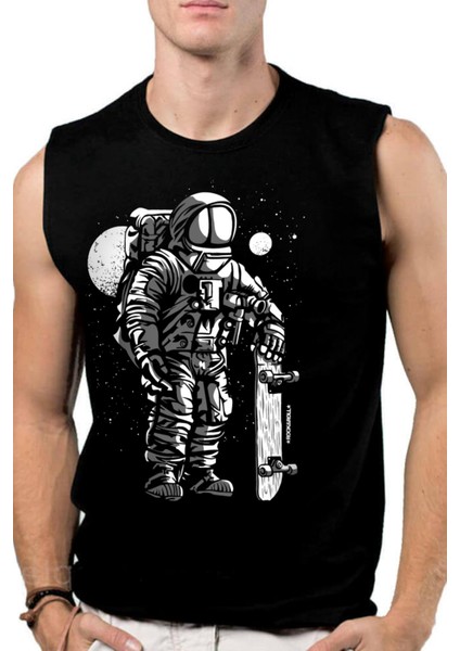 Kaykaycı Astronot Siyah Kesik Kol / Kolsuz Erkek T-Shirt