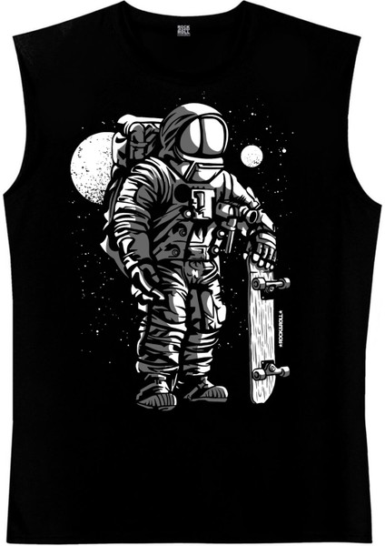 Kaykaycı Astronot Siyah Kesik Kol / Kolsuz Erkek T-Shirt