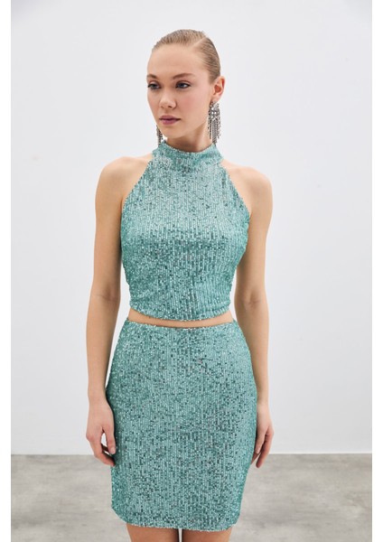 Kolsuz Payetli Bluz - Mint