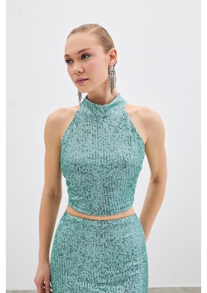 Kolsuz Payetli Bluz - Mint modelleri