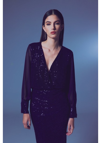 Şifon Kol Bodysuit Bluz - Lacivert