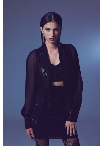 Şifon Kollu Payet Ceket - Siyah fırsatları