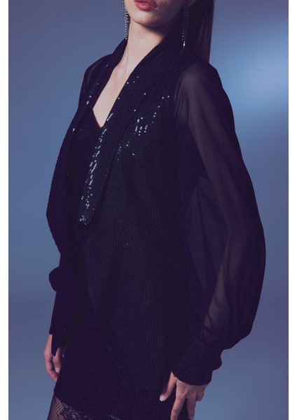 Şifon Kollu Payet Ceket - Siyah indirimleri