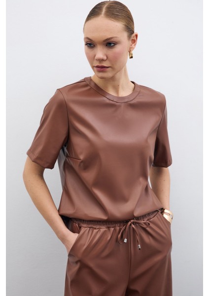 Kısa Kol Deri Bluz - Kahve