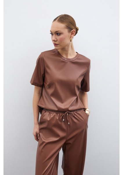 Kısa Kol Deri Bluz - Kahve fiyatları