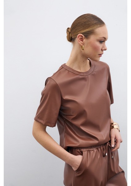 Kısa Kol Deri Bluz - Kahve modelleri