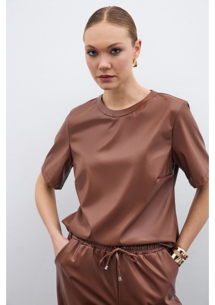 Kısa Kol Deri Bluz - Kahve fırsatları