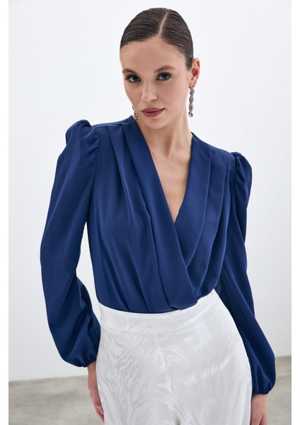 Kruvaze Vatkalı Bodysuit - Lacivert