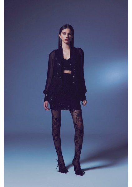 Şifon Kollu Payet Ceket - Siyah