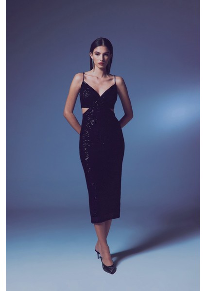 Dekolteli Payet Elbise - Siyah fiyatları