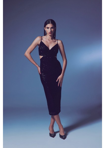 Dekolteli Payet Elbise - Siyah modelleri