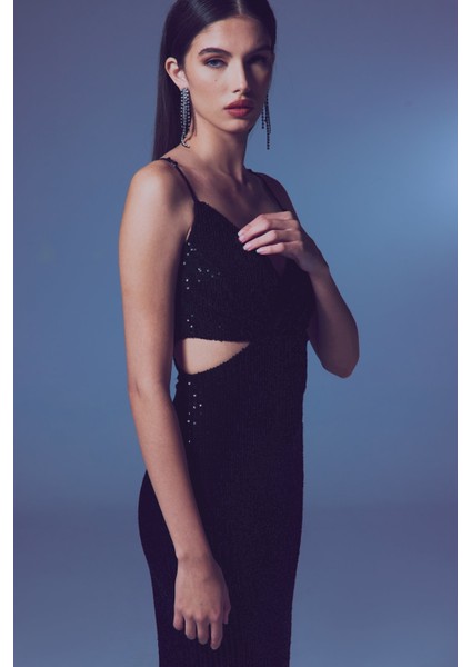 Dekolteli Payet Elbise - Siyah fırsatları