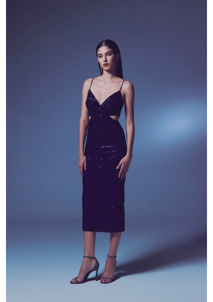 Dekolteli Payet Elbise - Lacivert